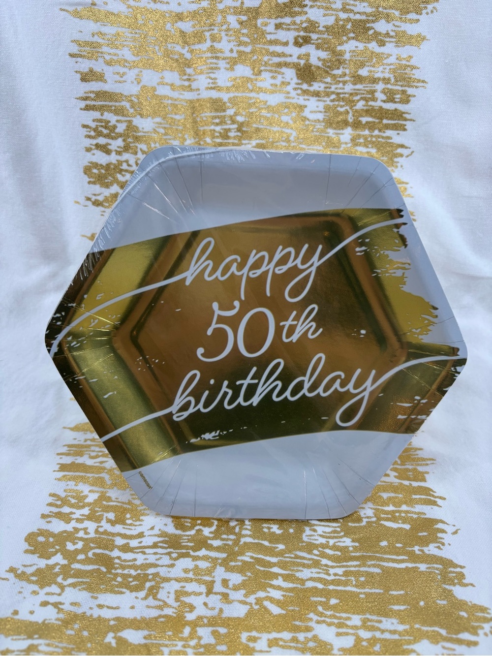 Amscan Gold and White Hexagon 48 Happy 50th Birthday Paper Plates